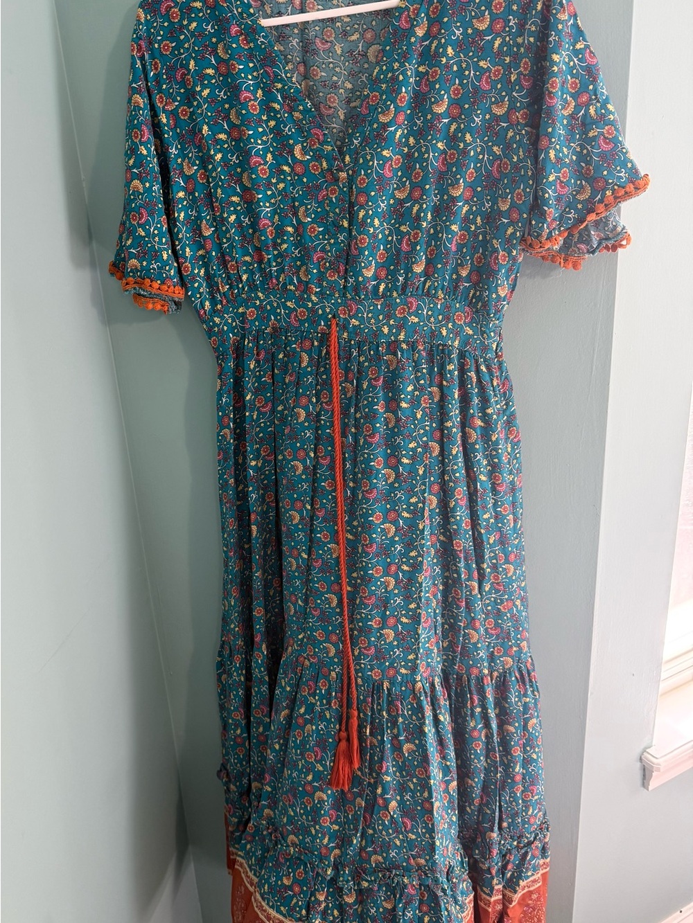 Teal Floral Maxi Dress with Tassel Waist